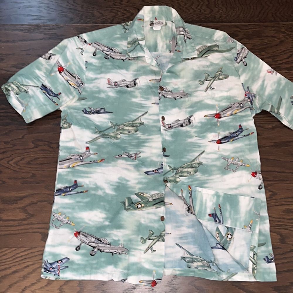 Flying Hawaiian Pilot vintage airplane propeller print pocket luau retro shirt L